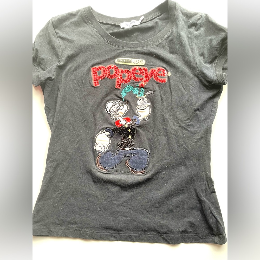 Moschino red sequins Popeye cotton t-shirt with multicolored beads.